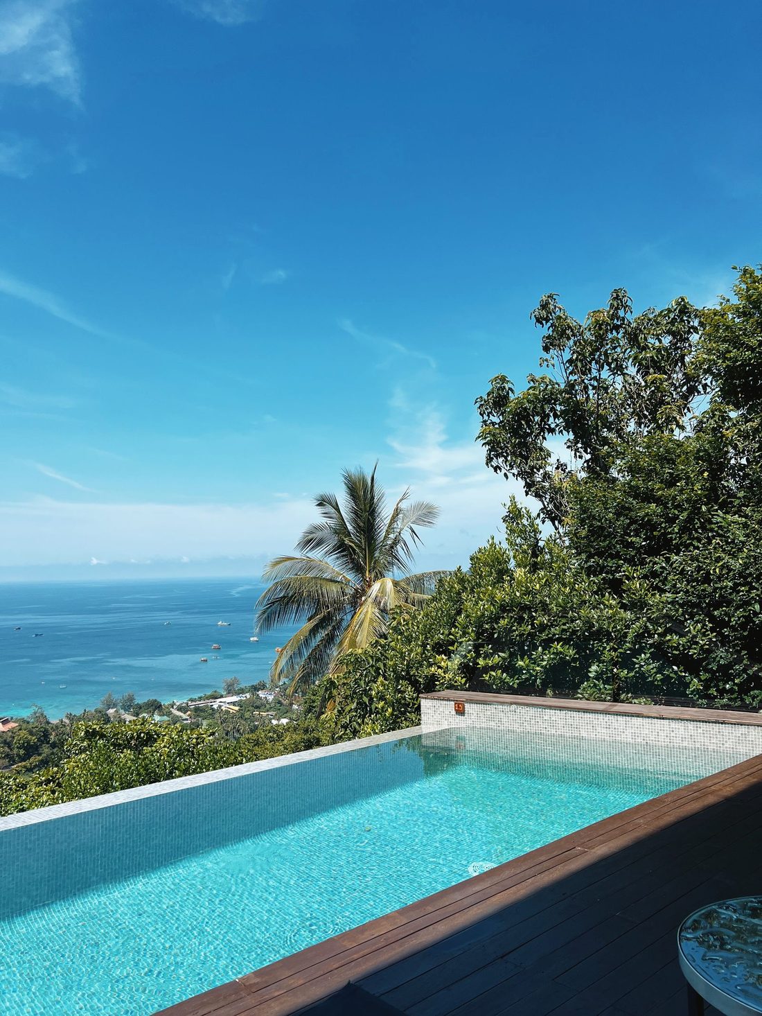 The saltwater pool at Mango Moon Villa, looking out over the bay